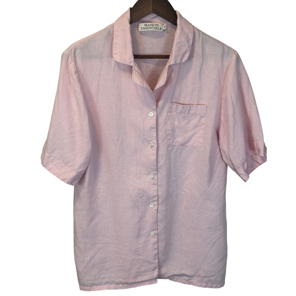 Maison Essentiele Pink Linen Short Sleeve Button Up Shirt Size Medium‎
